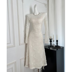 Starry French style jacquard lace long sleeved dress with slimming effect set