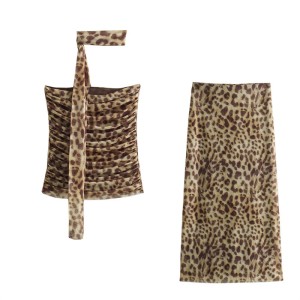 New animal print hanging neck strapless top with silk mesh skirt set for summer 2024 foreign trade 5039475