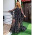 Cross border European, American, and African dresses, fashionable large swing style, thick mesh, embroidered black long skirt two-piece set