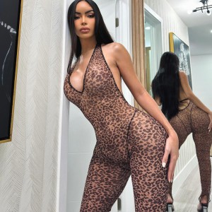 European and American style 2024 summer hot selling new leopard print sexy V-neck backless slim fit hanging neck jumpsuit wholesale