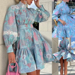 FD1004 spot cross-border 2024 Spring and Autumn new women's fashion temperament high neck large swing printed shirt dress