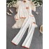 Autumn and winter new zipper sweater cardigan jacket women's embroidered knitted sweater long sleeved top two-piece set high waist wide leg pants