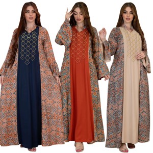 XQY500264 Middle Eastern Muslim Ethnic Clothing Fashion Printed Color Contrasting Robe Hot Stamped Robe