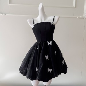 Fashion women's summer new sweet butterfly princess dress flower bud skirt suspender skirt black and white short skirt party dress