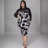 N7258 Cross border European and American plus size women's Amazon dress with perspective splicing printed slim fit long skirt ins new style