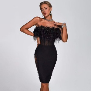 European and American strapless feather lace hollow mesh tight fitting hip bandage dress, birthday party banquet evening dress