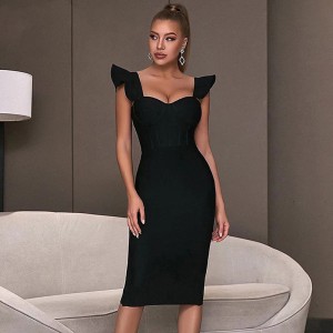 Cross border new European and American fashionable temperament square neck lotus leaf sleeve elastic bandage dress for birthdays, parties, evening dresses, women