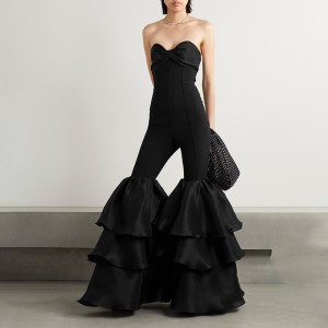 European and American fashion strapless cake puffy pants, socialite party runway, niche design, black bandage jumpsuit