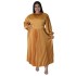 N7729 Cross border European and American plus size women's clothing Amazon autumn and winter hot item pleated round neck long dress long sleeved