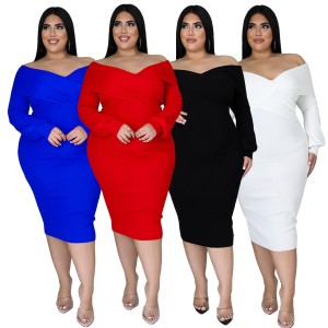 European and American fat woman cross-border plus size women's clothing V-neck solid color long skirt sexy dress wish hot sale