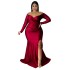 N7749 Cross border European and American plus size women's sexy dress nightclub V-neck gift dress solid color slit long dress autumn and winter women