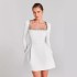 European and American Cross border 2024 New Women's Wear White French Square Neck Diamond Set Long Sleeve Bandage Dress with Summer Luxury