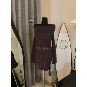 Luo Ge's wool roll purple sexy spicy girl off shoulder knitted wool dress spicy girl one shoulder dress female