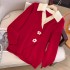 2024 Autumn/Winter New Year Red V-neck Fake Two Piece Knitted Sweater Women's Loose Short Hooded Sweater