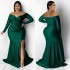 N7749 Cross border European and American plus size women's sexy dress nightclub V-neck gift dress solid color slit long dress autumn and winter women