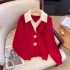 2024 Autumn/Winter New Year Red V-neck Fake Two Piece Knitted Sweater Women's Loose Short Hooded Sweater