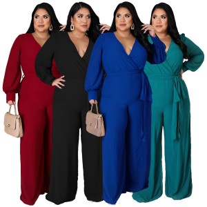 European and American fashion plus size women's clothing Amazon cross-border supply temperament loose straight tube solid color with belt jumpsuit