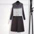 Autumn and winter long sleeved knitted vest two-piece set dress for women with a sense of luxury, color blocking and slimming effect, paired with a sweater and skirt