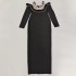 Cross border European and American Elegant Black Ball Long Sleeve Cocktail Party Daily Wearing Evening Dress Pearl Bandage Dress