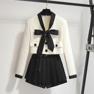 2024 Spring and Autumn New Women's Clothing Small Fragrant Style Bow Long Sleeve Shirt High Waist pleated Short Skirt Two Piece Set