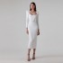 European and American cross-border women's clothing spring temperament Hepburn style square neck cow horn shoulder long sleeved bandage dress, first-hand source