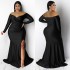 N7749 Cross border European and American plus size women's sexy dress nightclub V-neck gift dress solid color slit long dress autumn and winter women