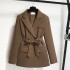 Retro coffee colored suit jacket for women, 2024 autumn new style, loose and versatile casual belt, waist cinching small suit