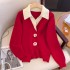 2024 Autumn/Winter New Year Red V-neck Fake Two Piece Knitted Sweater Women's Loose Short Hooded Sweater