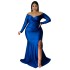 N7749 Cross border European and American plus size women's sexy dress nightclub V-neck gift dress solid color slit long dress autumn and winter women