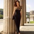 A niche one neck gold three-dimensional flower black strapless dress with a high-end and elegant temperament for women, a socialite banquet evening gown