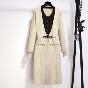 Fake two-piece spliced knitted dress for women in autumn and winter, exuding a sense of luxury and temperament, with a waist cinching and slimming sweater and long skirt