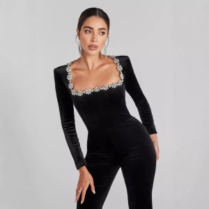 2024 Cross border Amazon jumpsuit autumn diamond studded square neck long sleeved flared jumpsuit for women, with a sense of luxury and light luxury