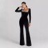 2024 Cross border Amazon jumpsuit autumn diamond studded square neck long sleeved flared jumpsuit for women, with a sense of luxury and light luxury