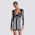 European and American cross-border new black striped low cut slim fit long sleeved waist bandage dress elegant party dress