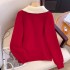 2024 Autumn/Winter New Year Red V-neck Fake Two Piece Knitted Sweater Women's Loose Short Hooded Sweater