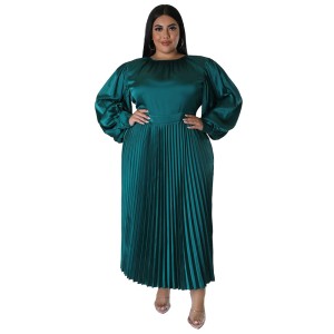 N7729 Cross border European and American plus size women's clothing Amazon autumn and winter hot item pleated round neck long dress long sleeved