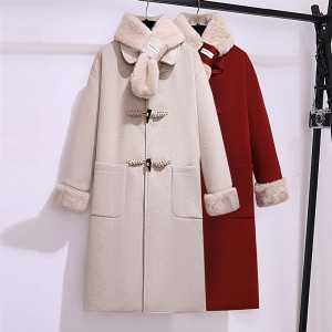 Woolen collar cow horn button woolen coat 2024 winter New Year long red coat