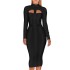 Foreign Trade Station Europe and America Autumn/Winter Women's Solid Color Long Sleeve Sexy Chest Hollowout Skinny Bandage Dress Dress Dress Dress