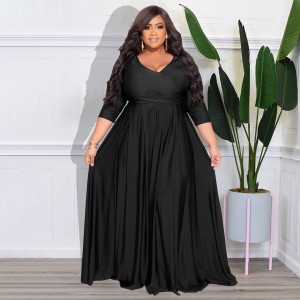 N7670 European and American cross-border source independent station popular plus size fat woman women's clothing solid color V-neck sexy wedding dress long skirt