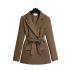 Retro coffee colored suit jacket for women, 2024 autumn new style, loose and versatile casual belt, waist cinching small suit