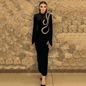 European and American style cross-border new black nail drill long sleeved slim fit waist bandage long skirt elegant and fashionable temperament banquet skirt