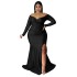 N7749 Cross border European and American plus size women's sexy dress nightclub V-neck gift dress solid color slit long dress autumn and winter women