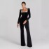 2024 Cross border Amazon jumpsuit autumn diamond studded square neck long sleeved flared jumpsuit for women, with a sense of luxury and light luxury