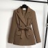 Retro coffee colored suit jacket for women, 2024 autumn new style, loose and versatile casual belt, waist cinching small suit