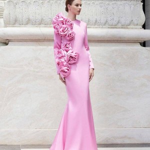 Cross border European and American new three-dimensional rose decorated long sleeved dress, elegant socialite dinner party bandage dress