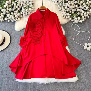 French style light luxury socialite style irregular bat sleeve dress for women's winter three-dimensional flower design super fairy style mid length skirt