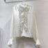 Heavy Industry Diamond studded Beaded Tassel Design Sweet Wrinkled Mushroom Lace Splicing Stand up Collar Hoodie Versatile Shirt for Women