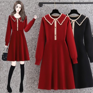 Real time shooting of plus size women's clothing Spring and Autumn fashion new item, chubby sister showing slimming temperament, reducing age doll collar knitted dress