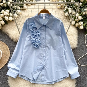 Light luxury socialite style Polo collar shirt for women, autumn retro three-dimensional flower chic design sense, imperial temperament top