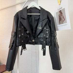 Black short PU leather jacket, women's jacket, new Hong Kong style explosive design, American high-end short stature